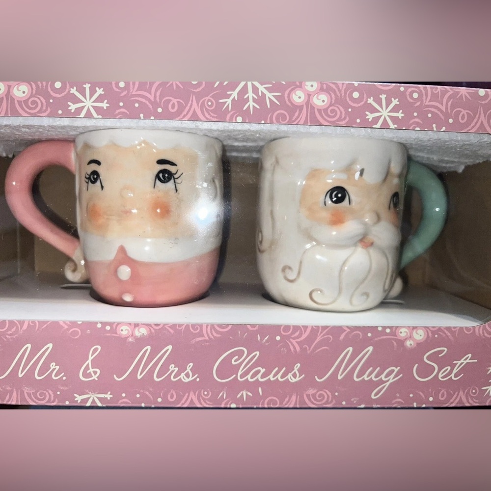 JOHANNA PARKER Vintage Retro Style PINK Pastel Christmas Mr Mrs Claus Mug Set